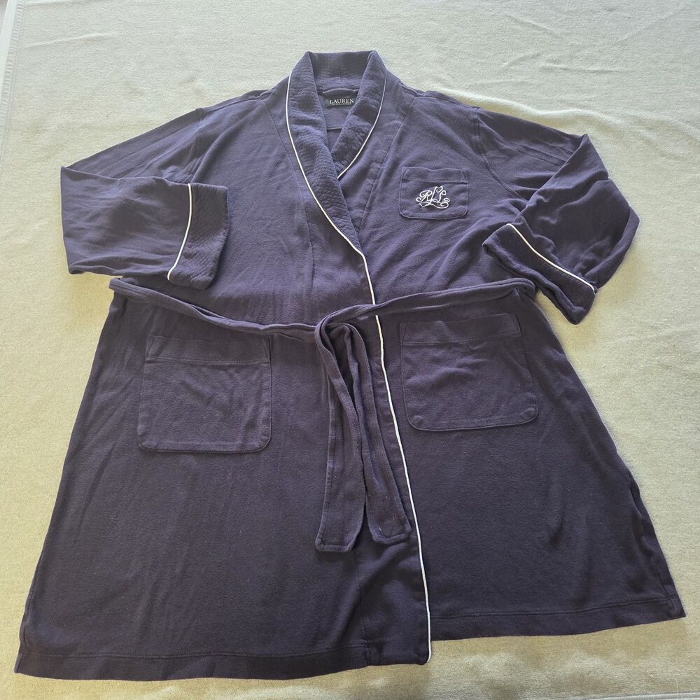 Lauren Ralph Lauren Robe Womens XL Navy Cotton Shawl Collar Piped Belted RL Logo